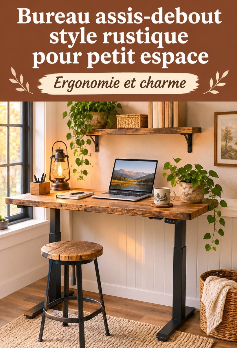 Bureau assis-debout en bois rustique adapté pour un petit espace de travail
